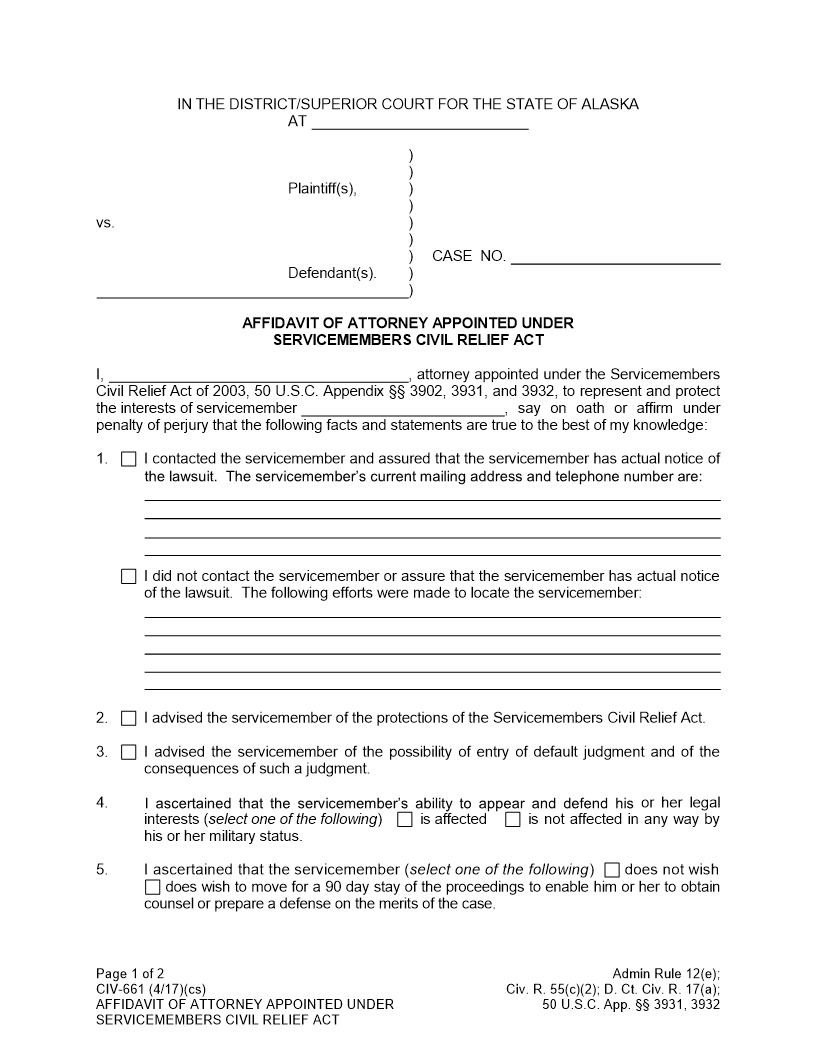 Affidavit Of Attorney Appointed Under Servicemembers Civil Relief Act {CIV-661} | Pdf Fpdf Docx | Alaska