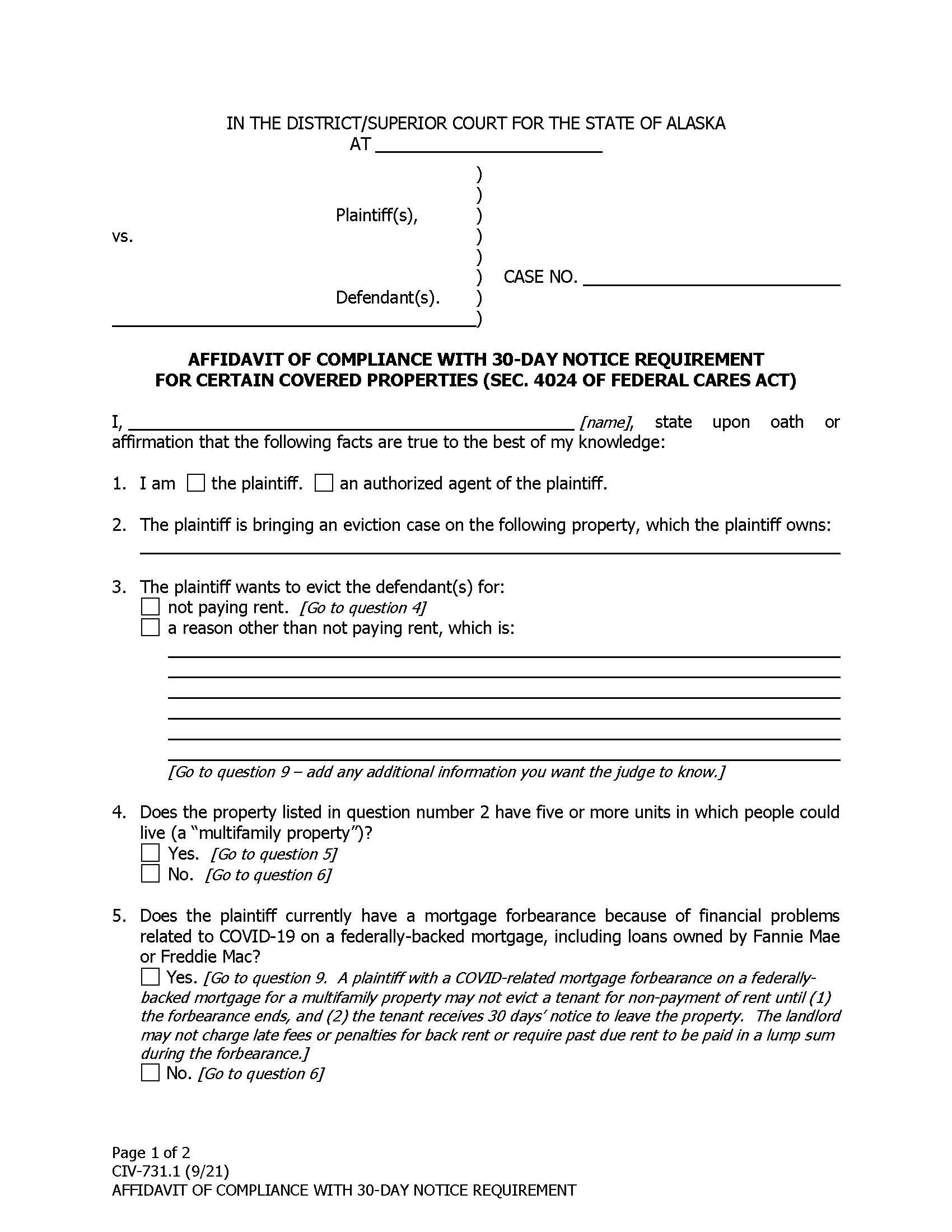Affidavit Of Compliance With 30 Day Notice {CIV-731.1} | Pdf Fpdf Docx | Alaska