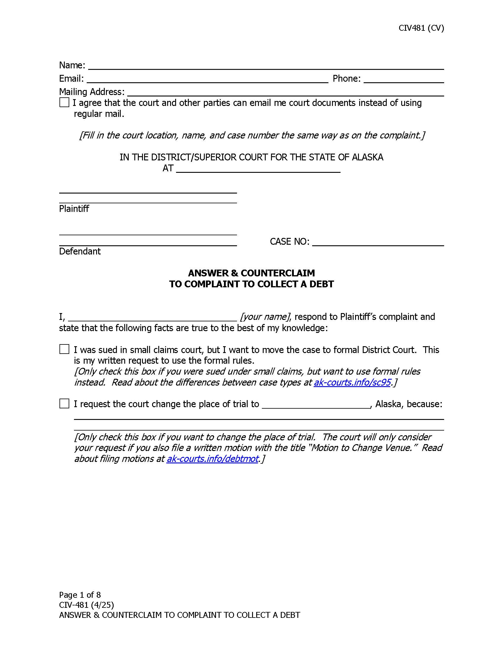 Answer And Counterclaim To Complaint To Collect A Debt {CIV-481} | Pdf Fpdf Docx | Alaska