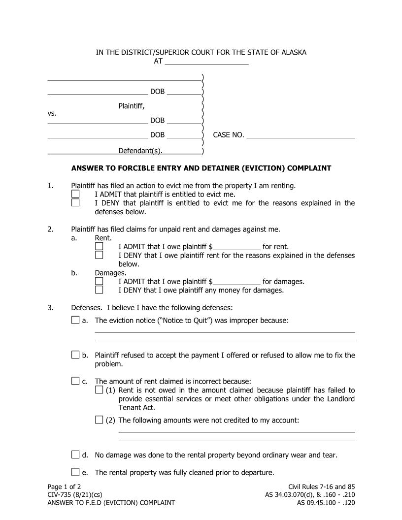 Answer To Claim For Damages In FED Action {CIV-735} | Pdf Fpdf Doc Docx | Alaska