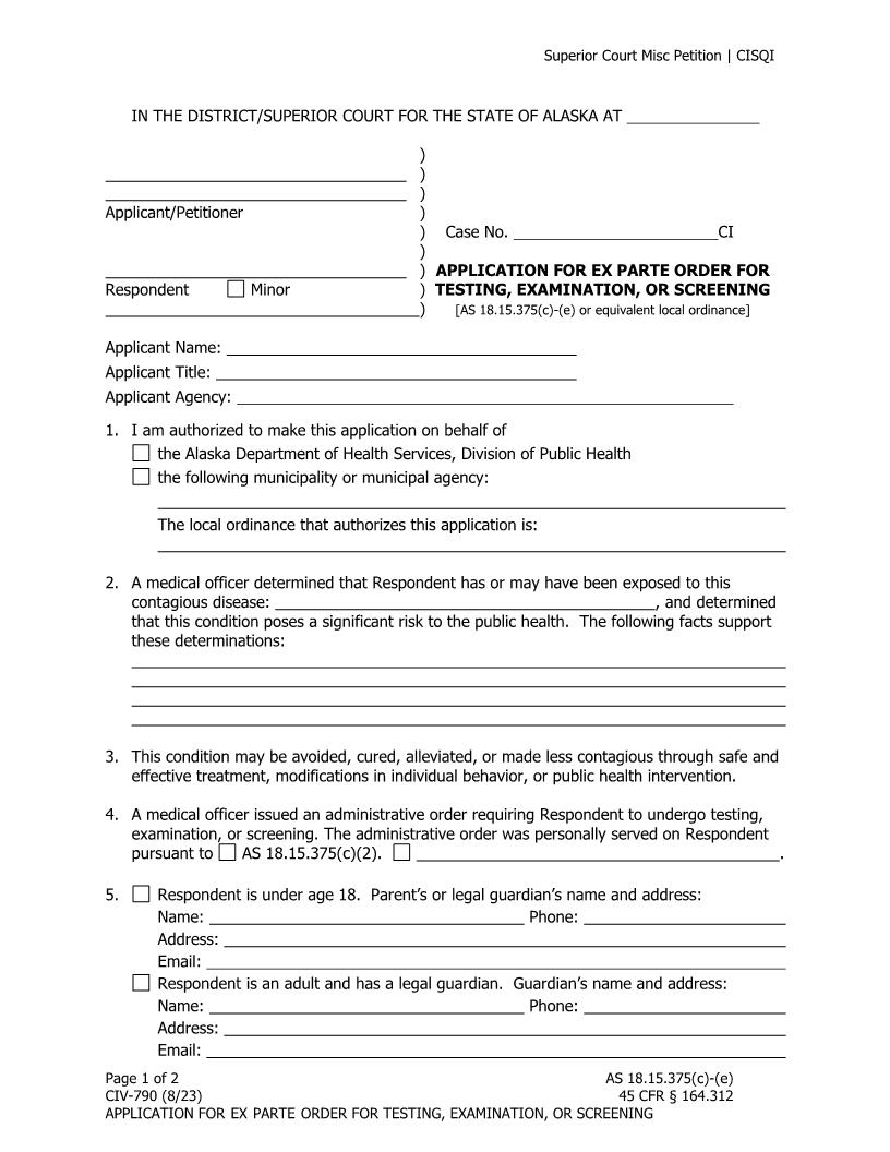 Application For Ex Parte Order For Testing Examination Or Screening {CIV-790} | Pdf Fpdf Doc Docx | Alaska
