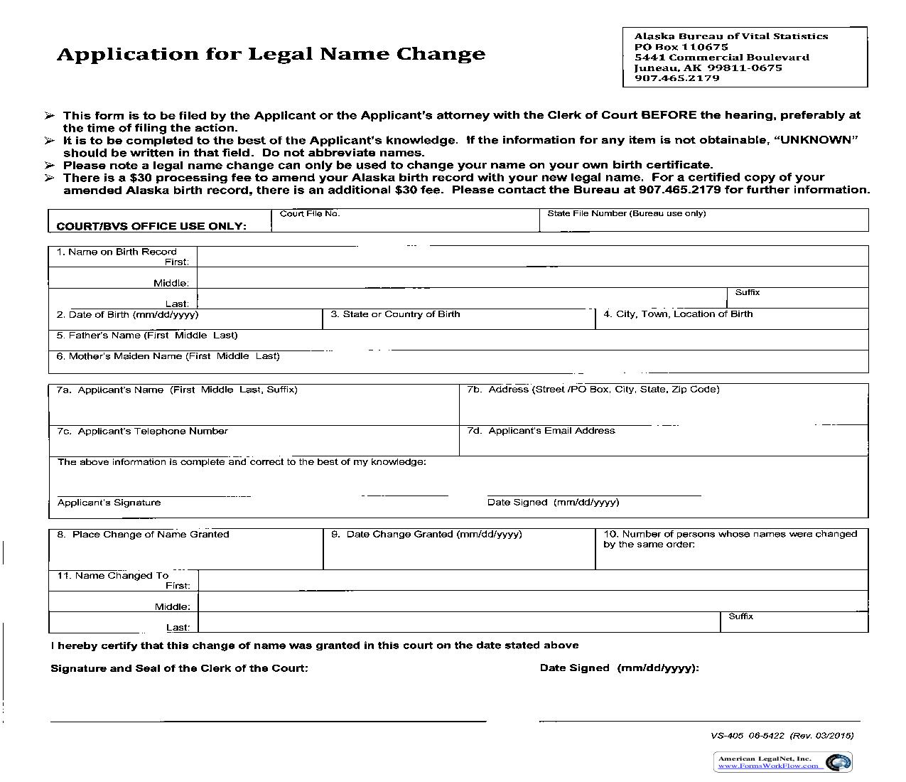 Application For Legal Name Change {VS-405} | Pdf Fpdf Doc Docx | Alaska