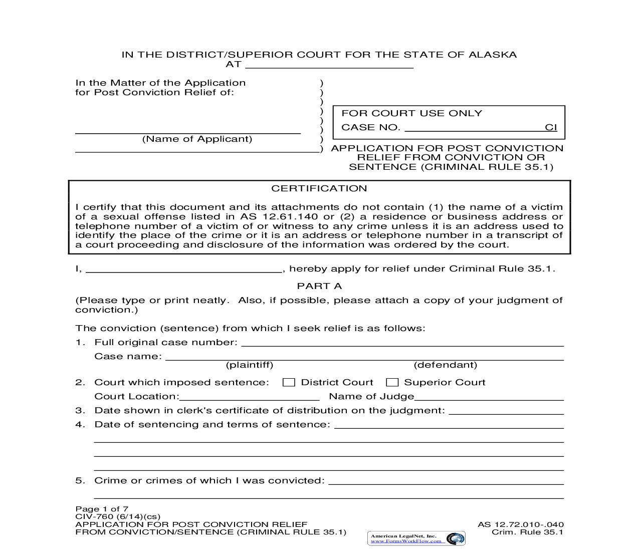 Application For Post Conviction Relief From Conviction Or Sentence {CIV-760} | Pdf Fpdf Doc Docx | Alaska