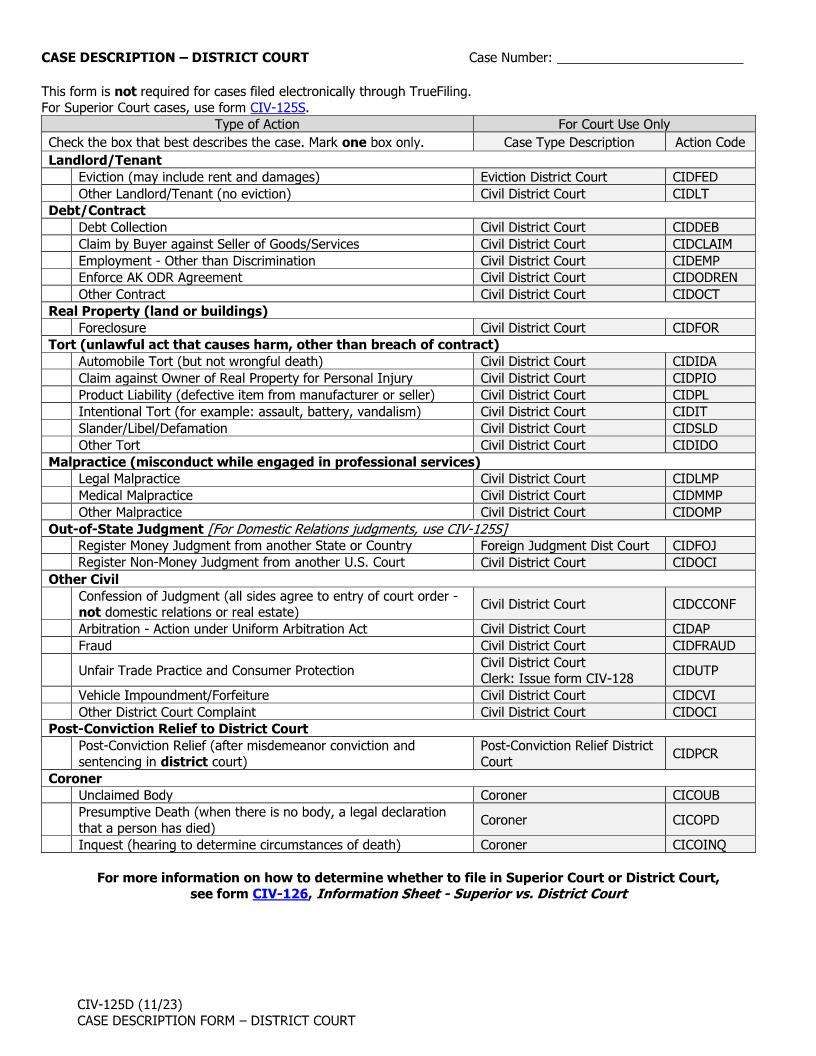 Case Description {CIV-125D} | Pdf Fpdf Doc Docx | Alaska