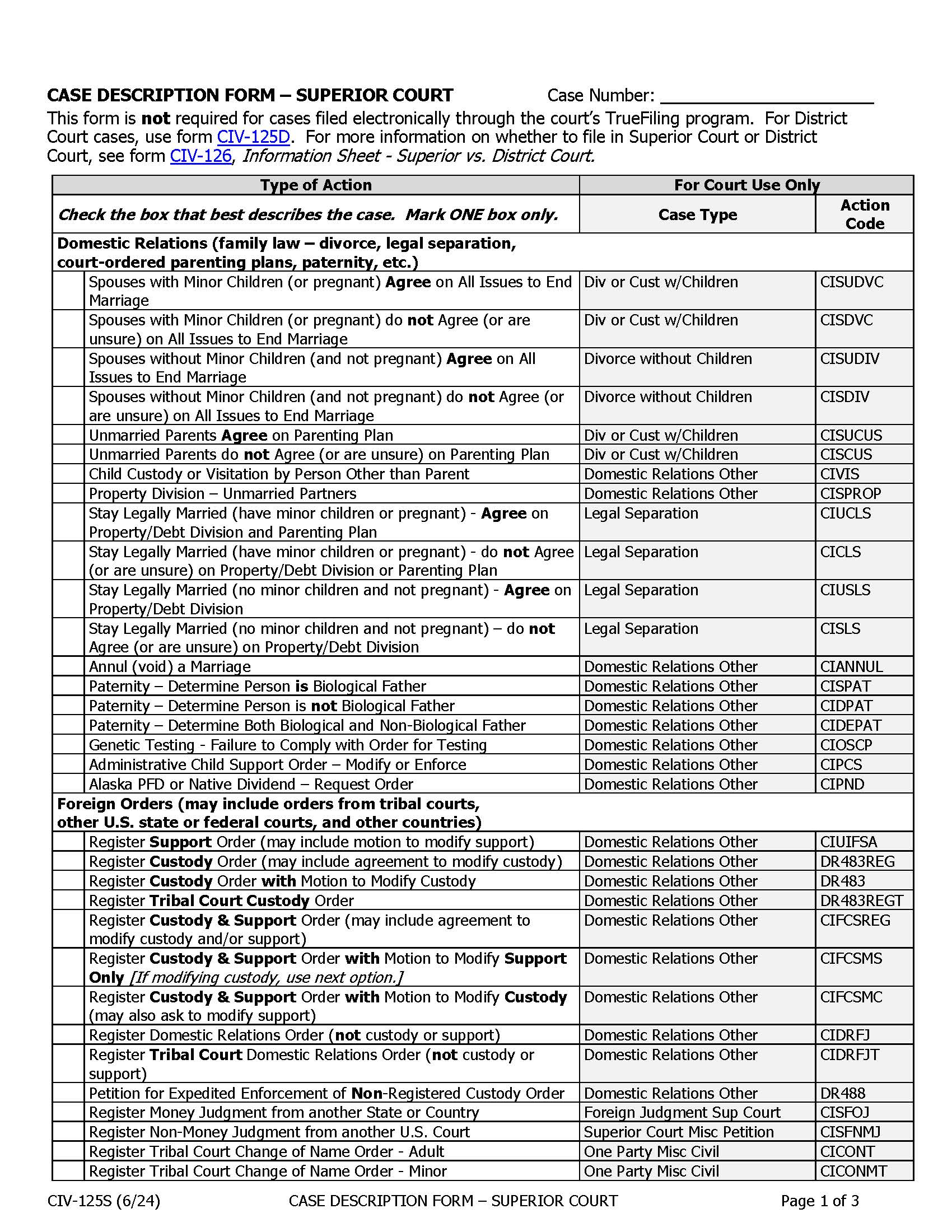 Case Description Superior Court {CIV-125S} | Pdf Fpdf Docx | Alaska