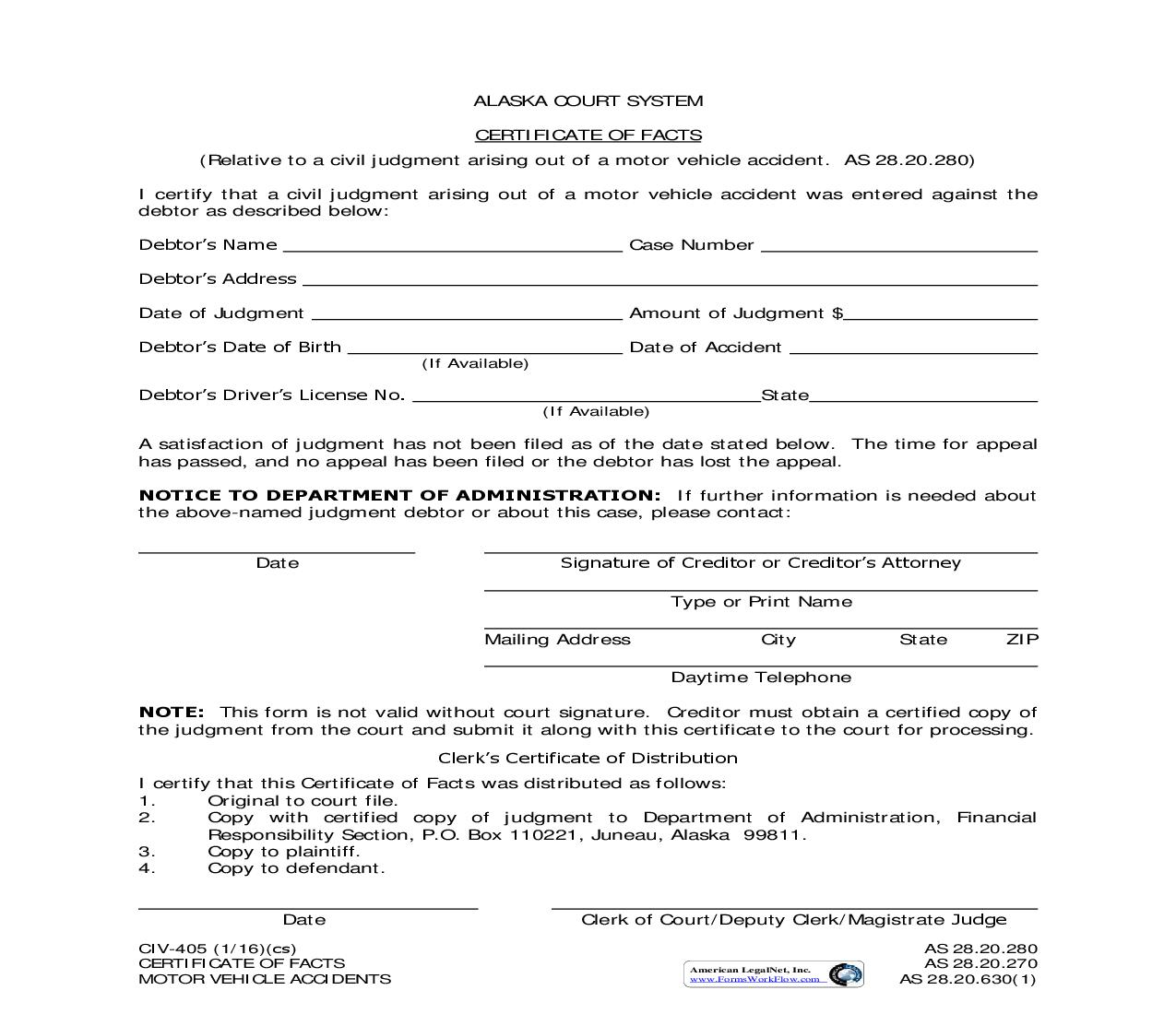 Certificate Of Facts Motor Vehicles Accidents {CIV-405} | Pdf Fpdf Doc Docx | Alaska