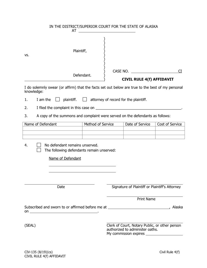 Civil Rule 4(f) Affidavit {CIV-135} | Pdf Fpdf Doc Docx | Alaska