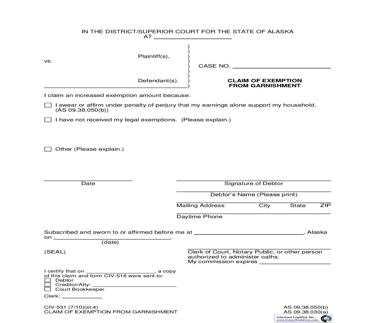 Claim Of Exemption From Garnishment {CIV-531} | Pdf Fpdf Doc Docx | Alaska