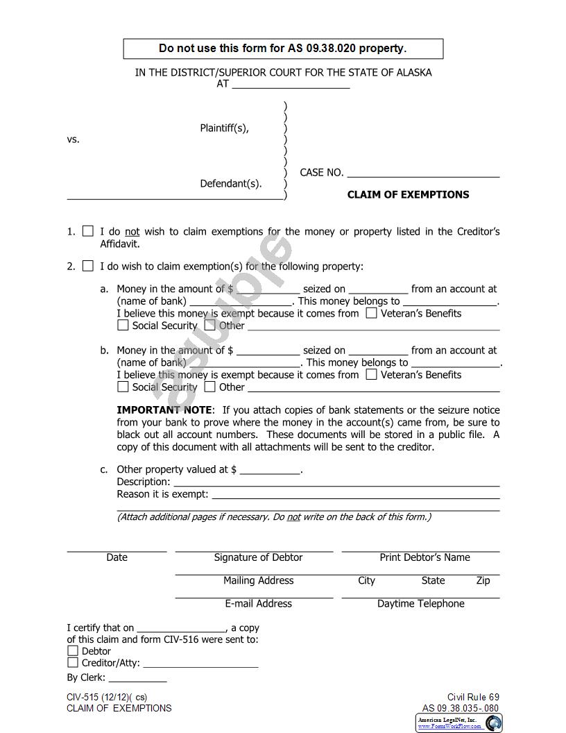 Claim Of Exemptions {CIV-515} | Pdf Fpdf Docx | Alaska