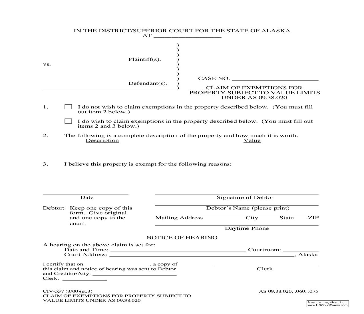 Claim Of Exemptions For Property Subject To Value Limits Under AS 09.38.020 {CIV-537} | Pdf Fpdf Doc Docx | Alaska