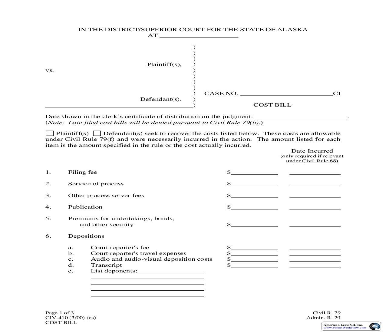 Cost Bill {CIV-410} | Pdf Fpdf Doc Docx | Alaska