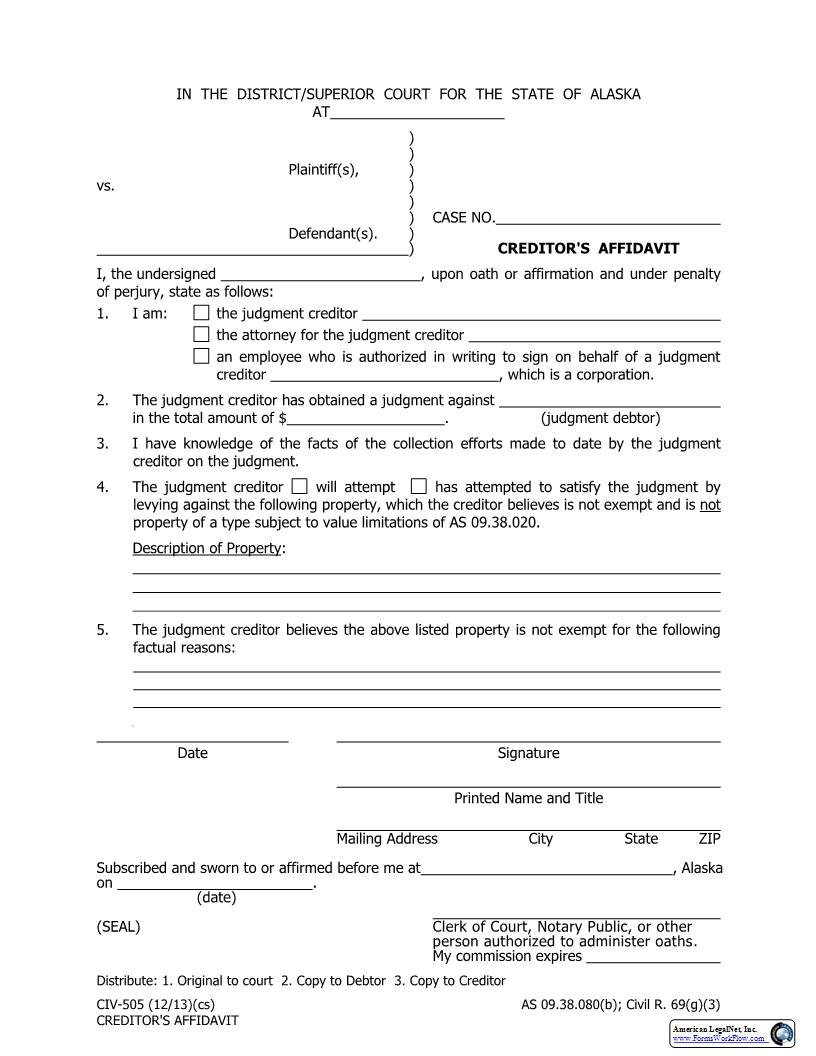Creditors Affidavit {CIV-505} | Pdf Fpdf Docx | Alaska