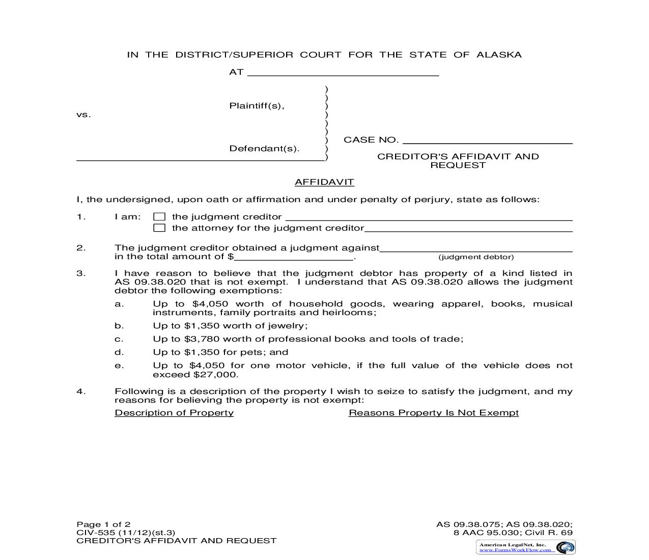 Creditors Affidavit And Request {CIV-535} | Pdf Fpdf Doc Docx | Alaska
