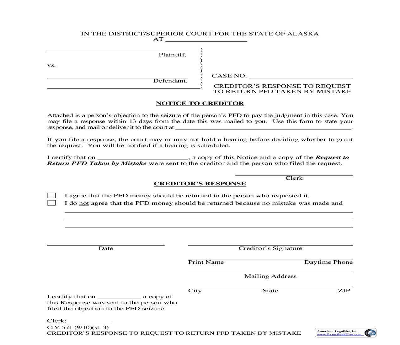 Creditors Response To Request To Return PFD Taken By Mistake {CIV-571} | Pdf Fpdf Doc Docx | Alaska