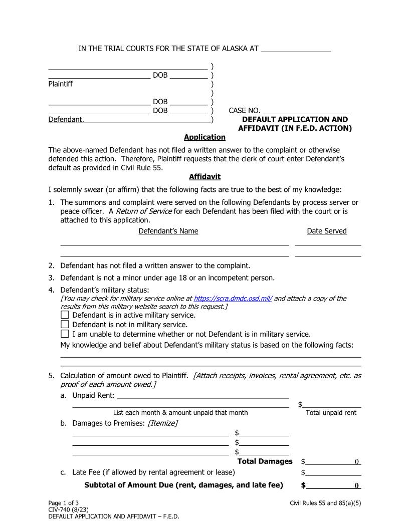 Default Application Affidavit and Entry (In F.E.D. Action) {CIV-740} | Pdf Fpdf Doc Docx | Alaska