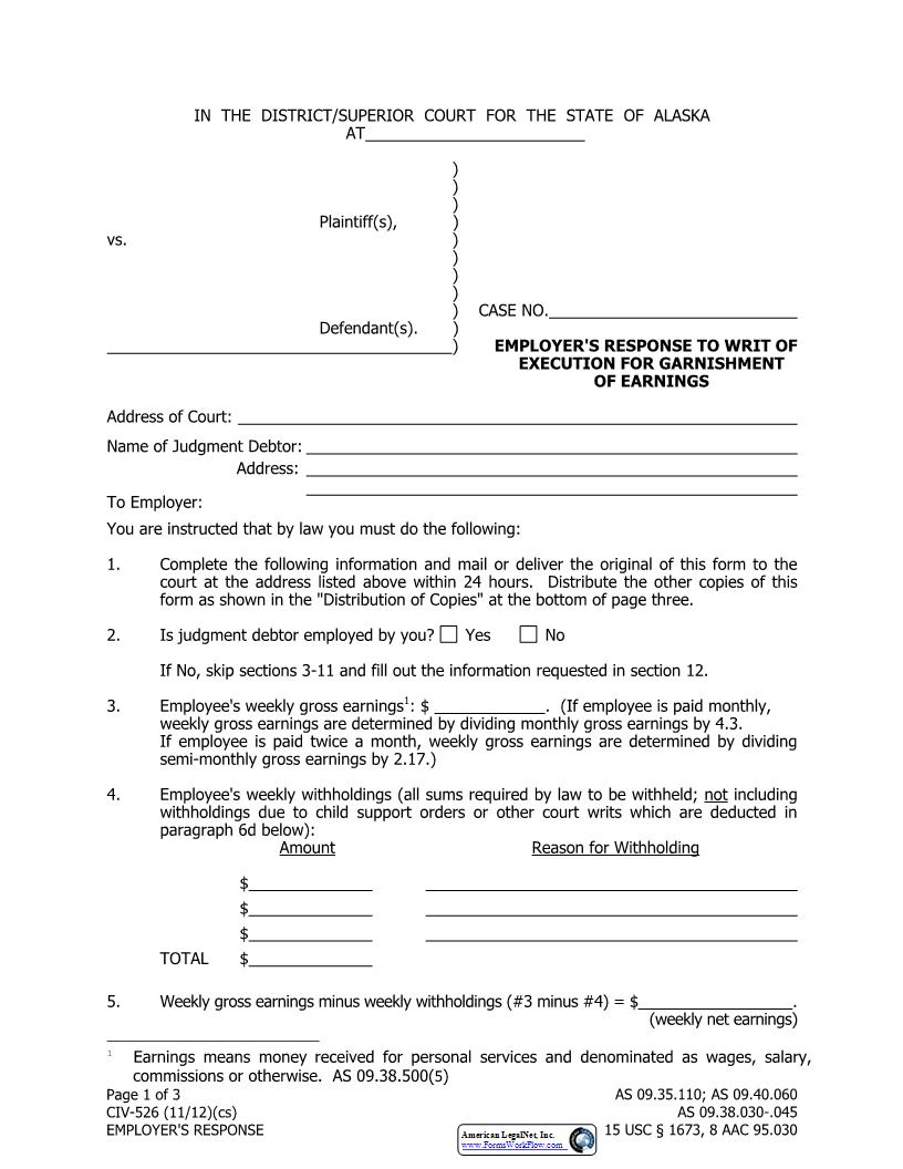 Employers Response To Writ Of Execution For Garnishment Of Earnings {CIV-526} | Pdf Fpdf Docx | Alaska