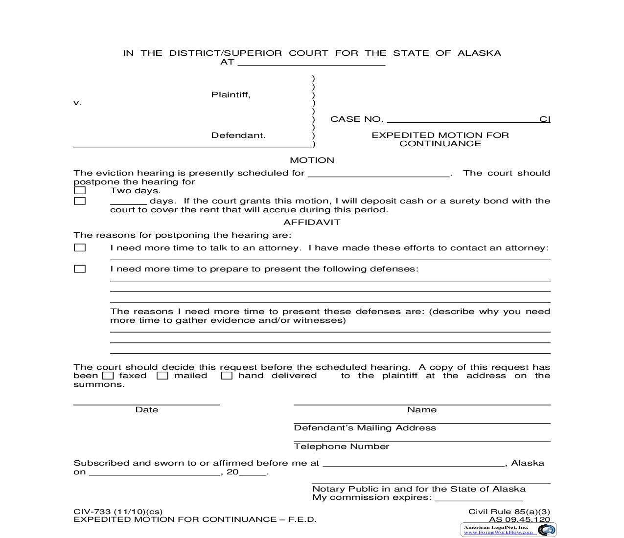 Expedited Motion For Continuance {CIV-733} | Pdf Fpdf Doc Docx | Alaska