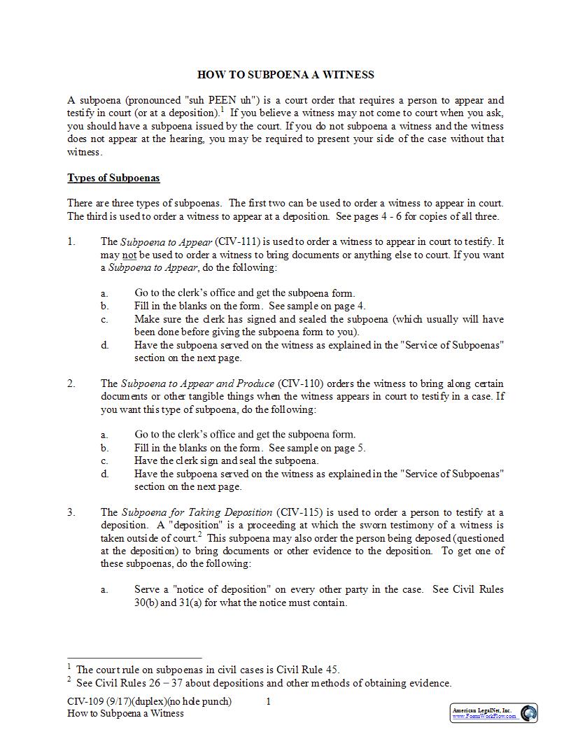 How To Subpoena A Witness {CIV-109} | Pdf Fpdf Docx | Alaska