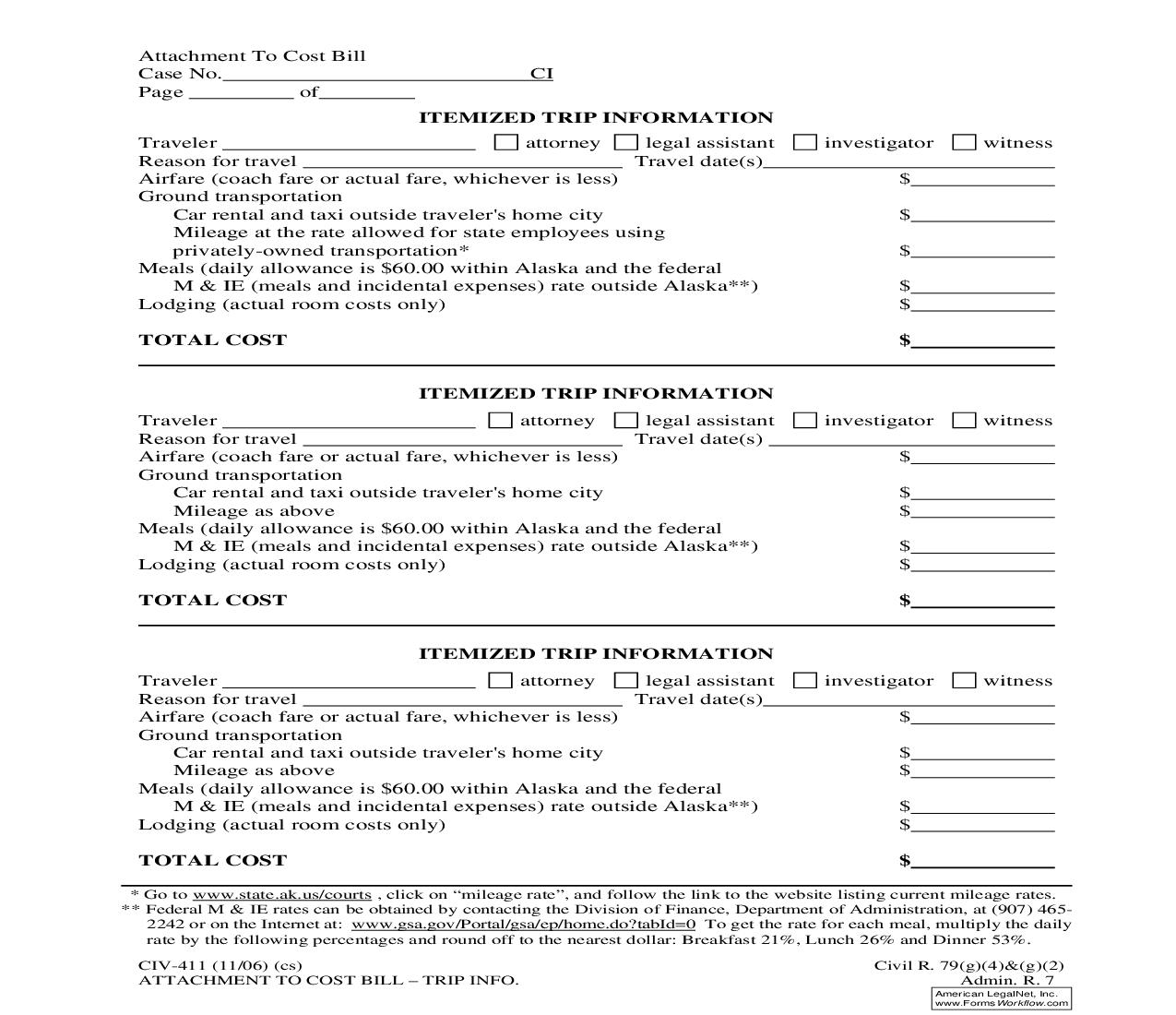 Itemized Trip Information {CIV-411} | Pdf Fpdf Doc Docx | Alaska
