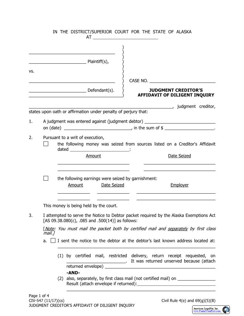 Judgment Creditors Affidavit Of Diligent Inquiry {CIV-547} | Pdf Fpdf Docx | Alaska