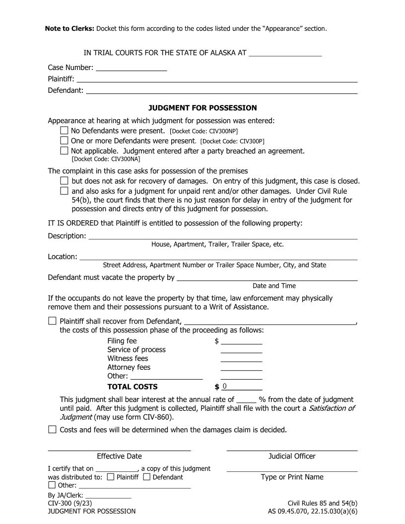 Judgment For Possession {CIV-300} | Pdf Fpdf Doc Docx | Alaska