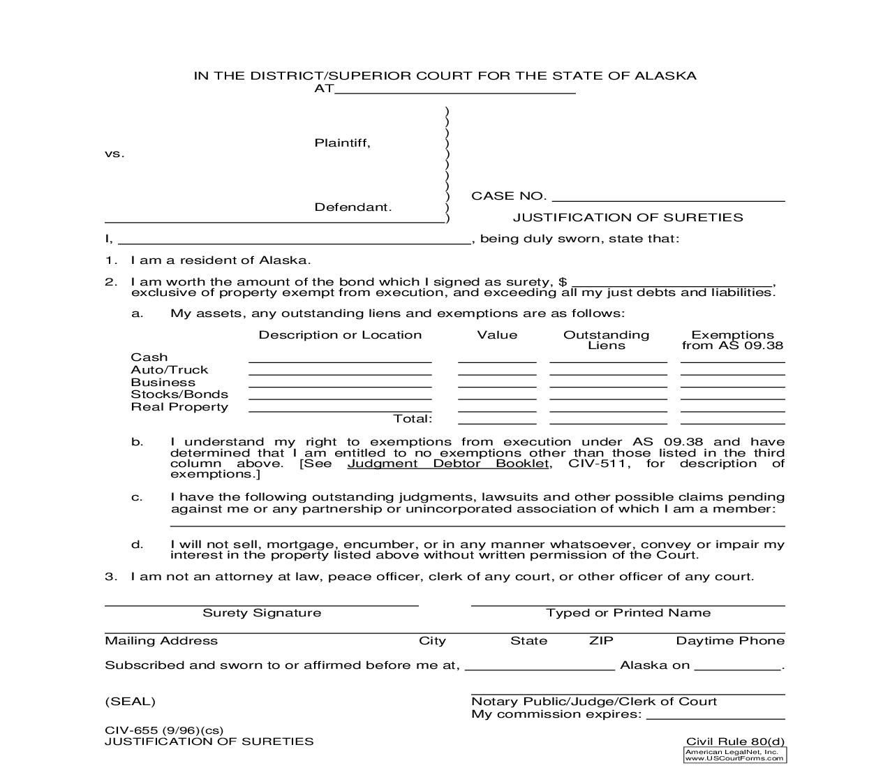 Justification Of Sureties {CIV-655} | Pdf Fpdf Doc Docx | Alaska