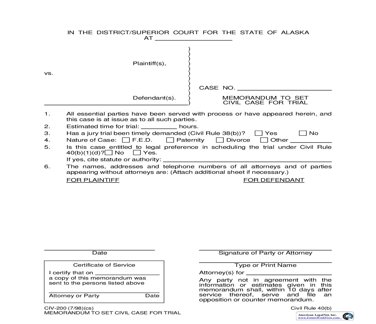 Memorandum To Set Civil Case For Trial {CIV-200} | Pdf Fpdf Doc Docx | Alaska