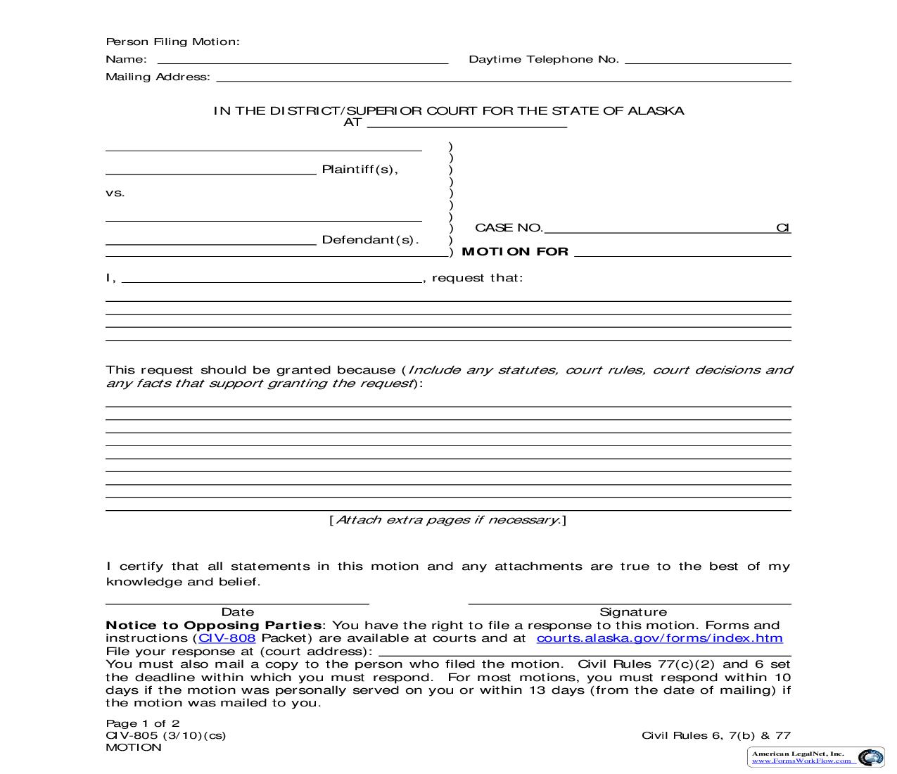 Motion {CIV-805} | Pdf Fpdf Doc Docx | Alaska