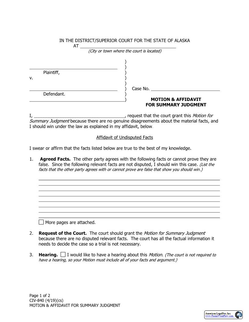Motion And Affidavit For Summary Judgment {CIV-840} | Pdf Fpdf Docx | Alaska