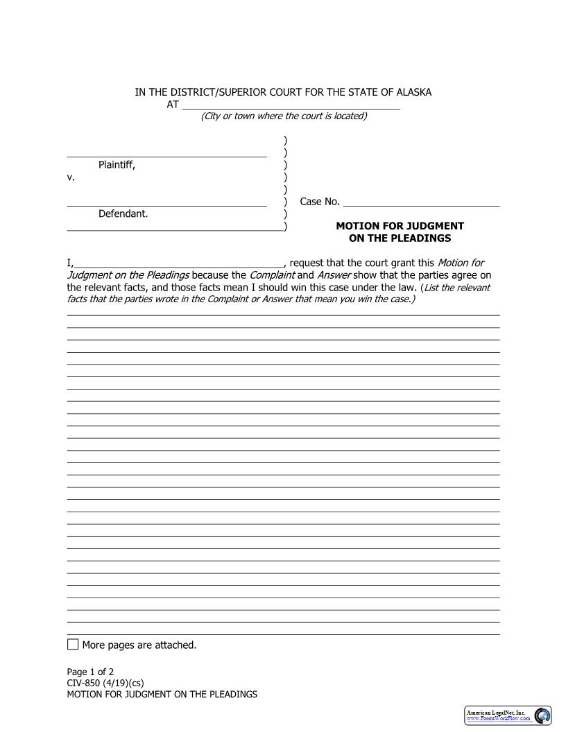 Motion For Judgment On The Pleadings {CIV-850} | Pdf Fpdf Docx | Alaska