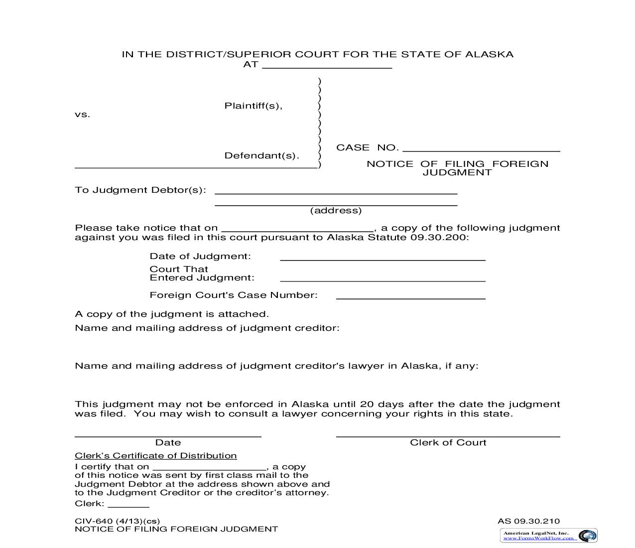 Notice Of Filing Foreign Judgment {CIV-640} | Pdf Fpdf Doc Docx | Alaska