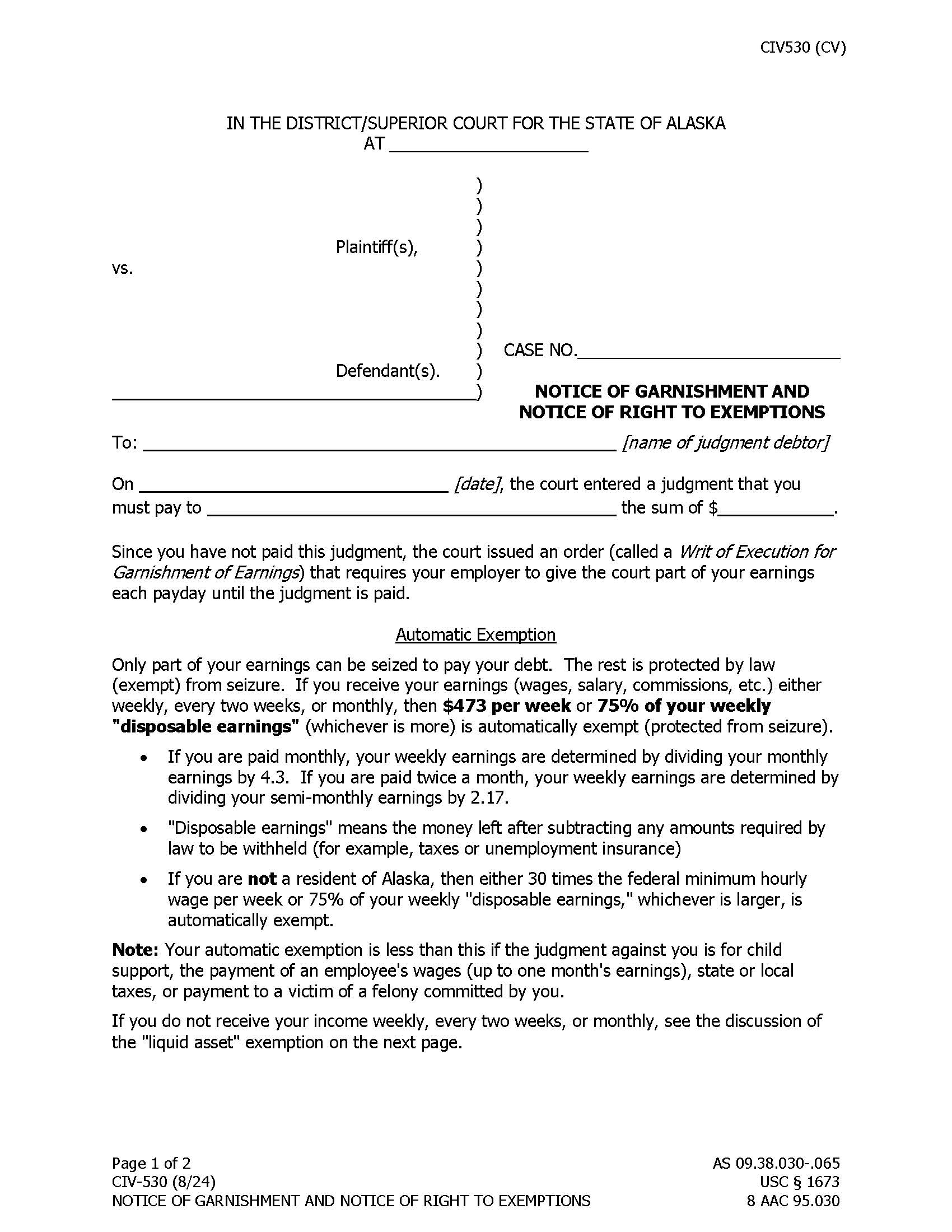 Notice Of Garnishment And Notice Of Right To Exemptions {CIV-530} | Pdf Fpdf Doc Docx | Alaska