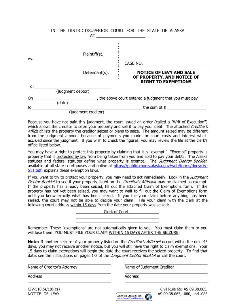 Notice Of Levy And Sale Of Property And Notice Of Right To Exemptions {CIV-510} | Pdf Fpdf Docx | Alaska