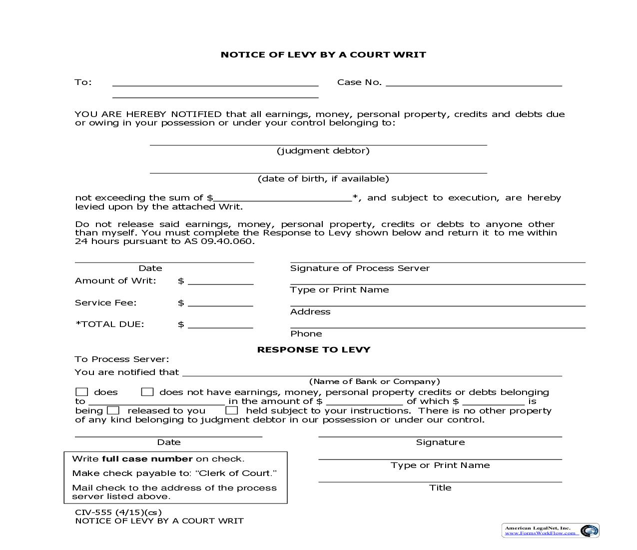 Notice Of Levy By A Court Writ {CIV-555} | Pdf Fpdf Doc Docx | Alaska