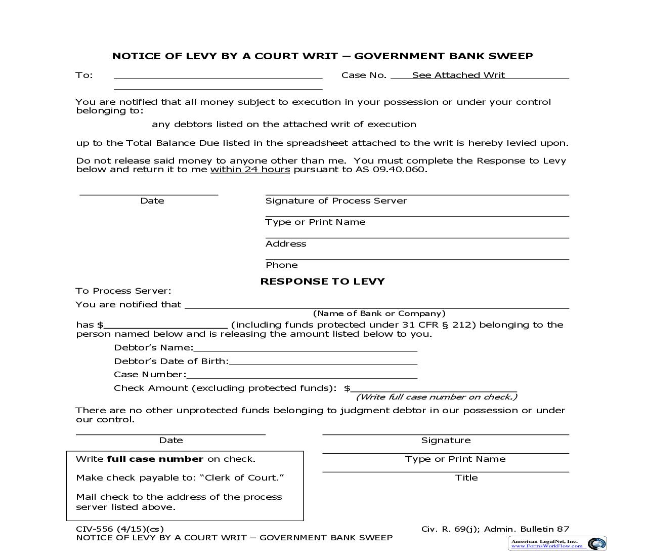 Notice Of Levy By A Court Writ-Government Bank Sweep {CIV-556} | Pdf Fpdf Doc Docx | Alaska