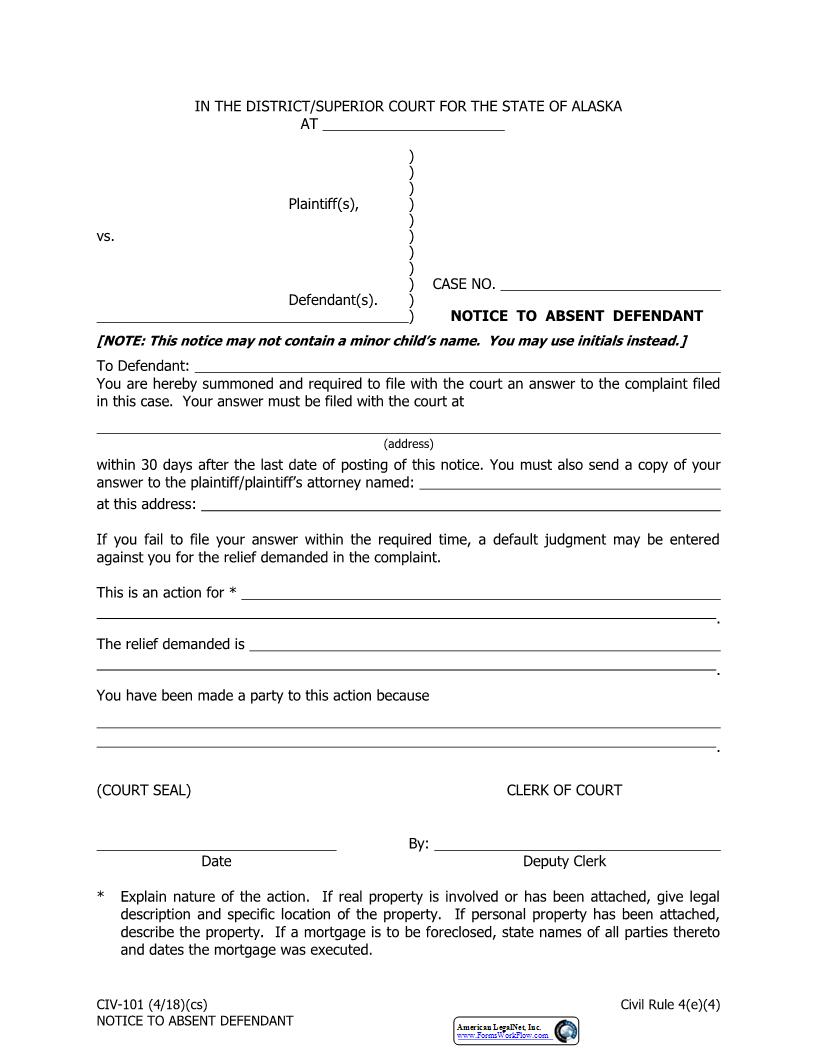 Notice To Absent Defendant {CIV-101} | Pdf Fpdf Docx | Alaska