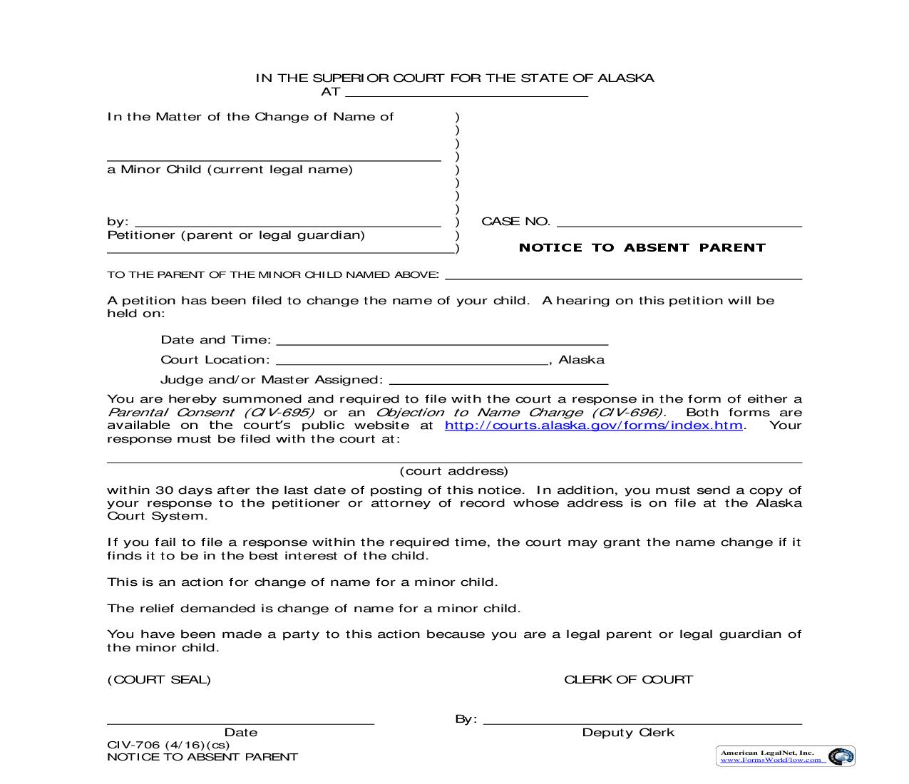 Notice To Absent Parent {CIV-706} | Pdf Fpdf Doc Docx | Alaska