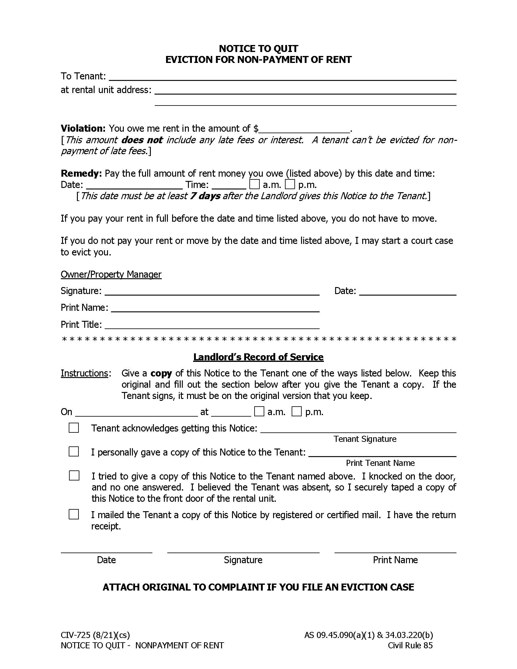 Notice To Quit Termination Of Tenancy For Non Payment Of Rent {CIV-725} | Pdf Fpdf Docx | Alaska