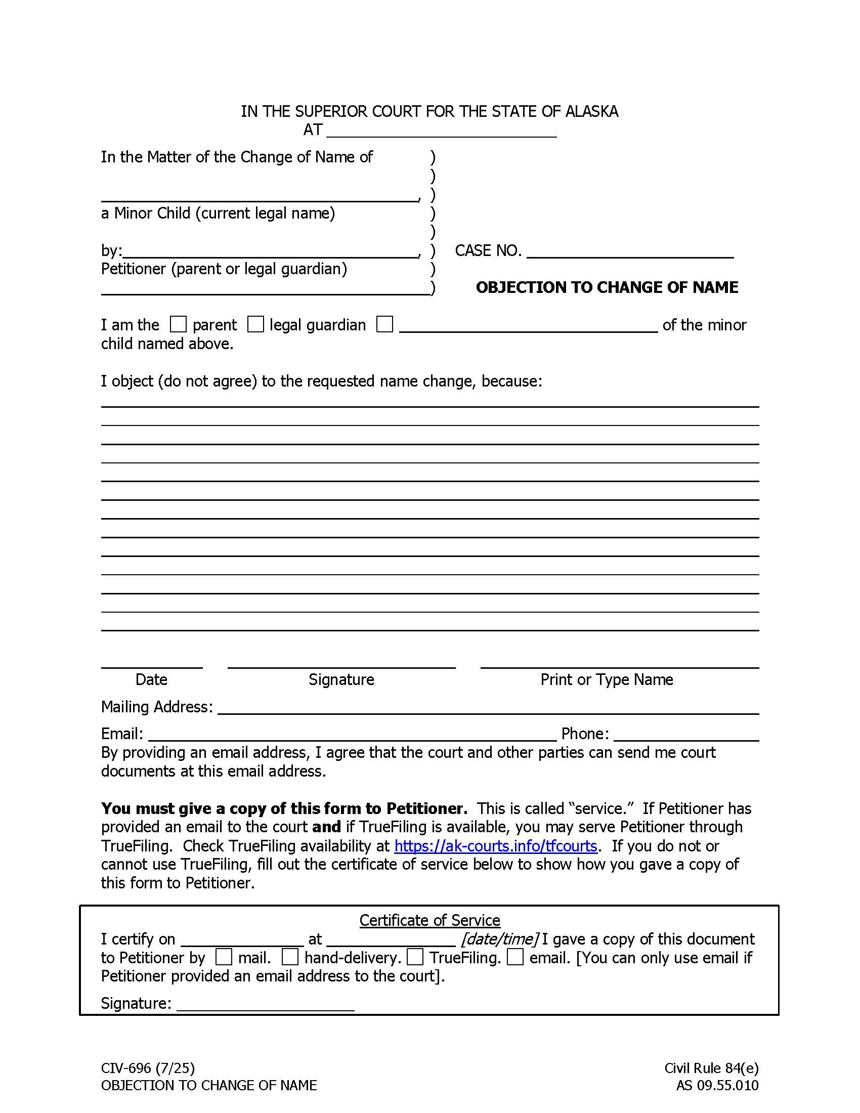Objection To Change Of Name {CIV-696} | Pdf Fpdf Doc Docx | Alaska