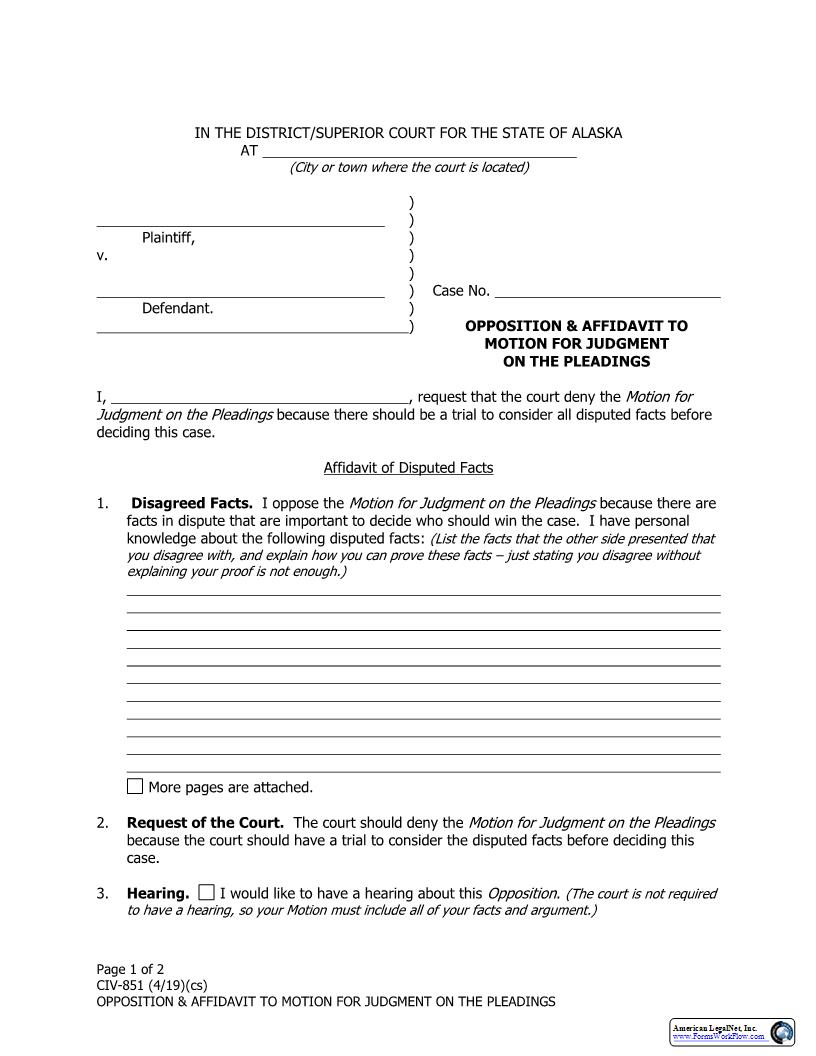 Opposition And Affidavit To Motion For Judgment On The Pleadings {CIV-851} | Pdf Fpdf Docx | Alaska