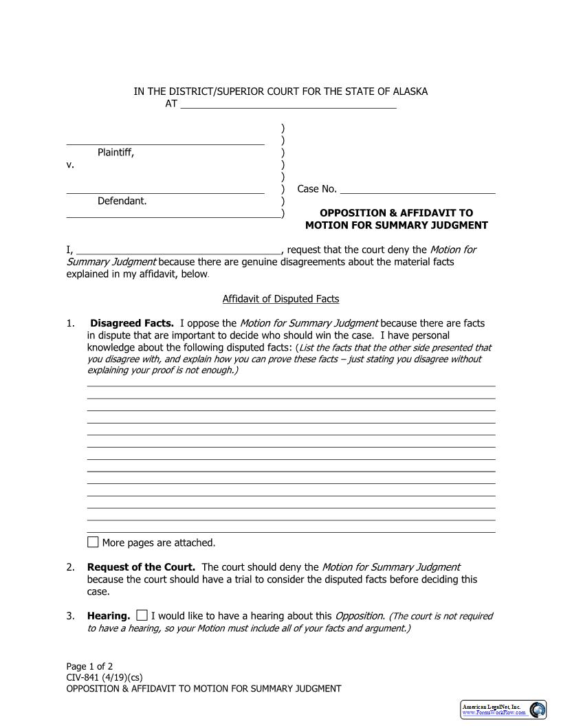 Opposition And Affidavit To Motion For Summary Judgment {CIV-841} | Pdf Fpdf Docx | Alaska