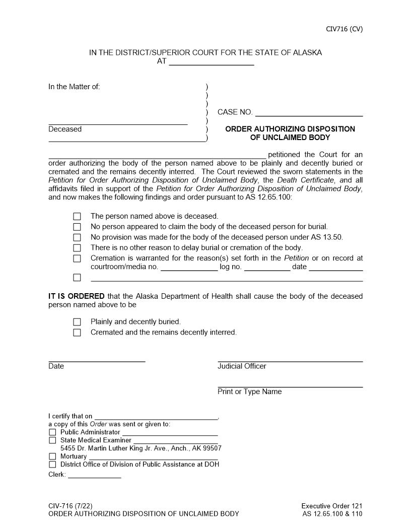 Order Authorizing Disposition Of Unclaimed Body {CIV-716} | Pdf Fpdf Doc Docx | Alaska