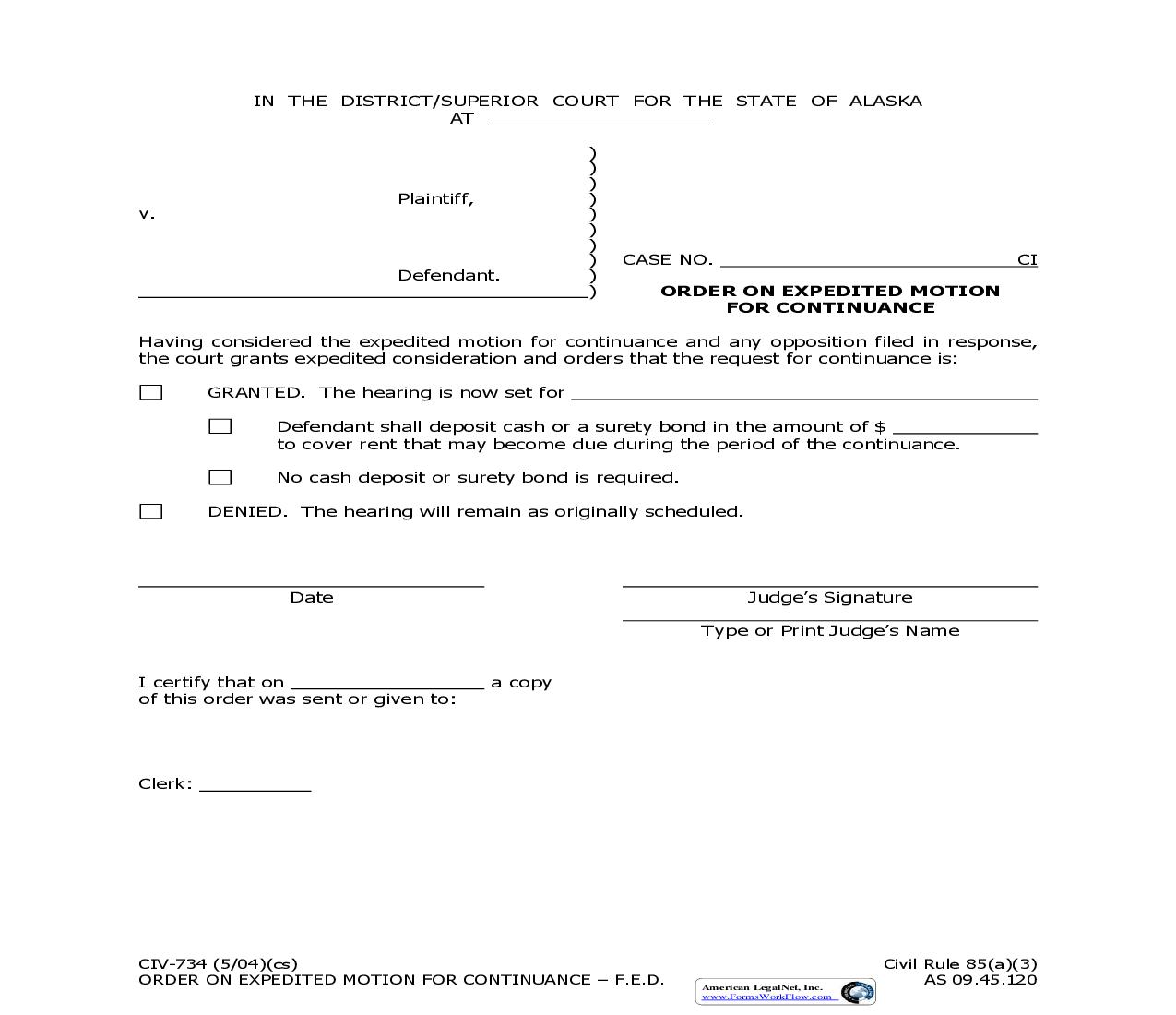 Order On Expedited Motion For Continuance {CIV-734} | Pdf Fpdf Doc Docx | Alaska