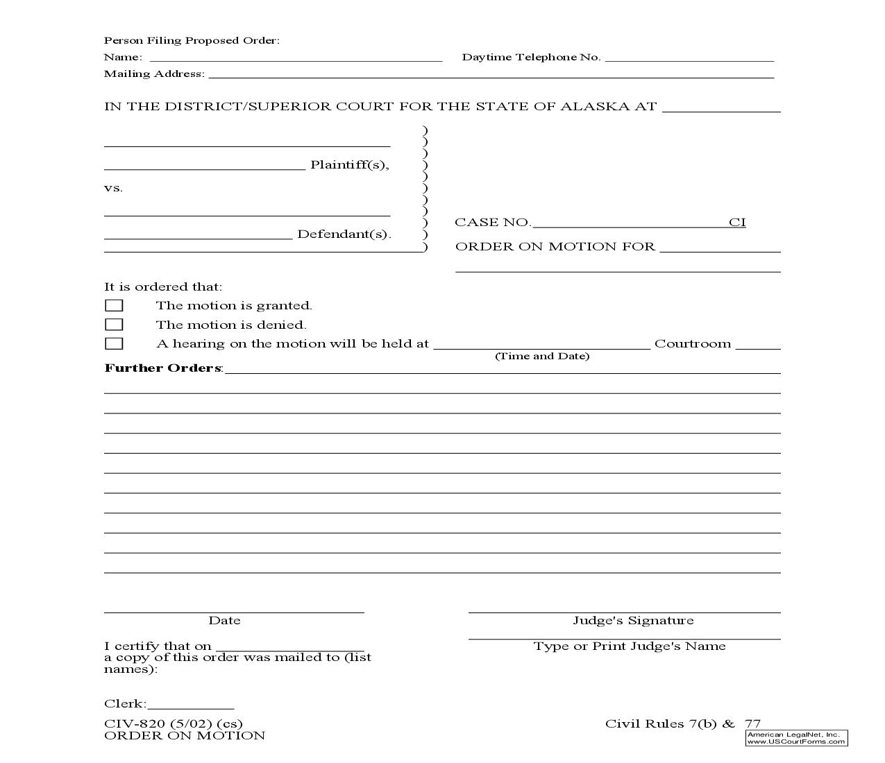 Order On Motion {CIV-820} | Pdf Fpdf Doc Docx | Alaska