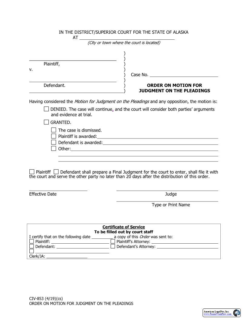 Order On Motion For Judgment On The Pleadings {CIV-853} | Pdf Fpdf Docx | Alaska