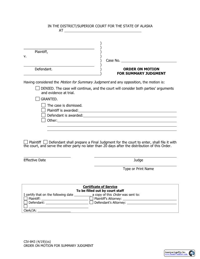 Order On Motion For Summary Judgment {CIV-843} | Pdf Fpdf Docx | Alaska