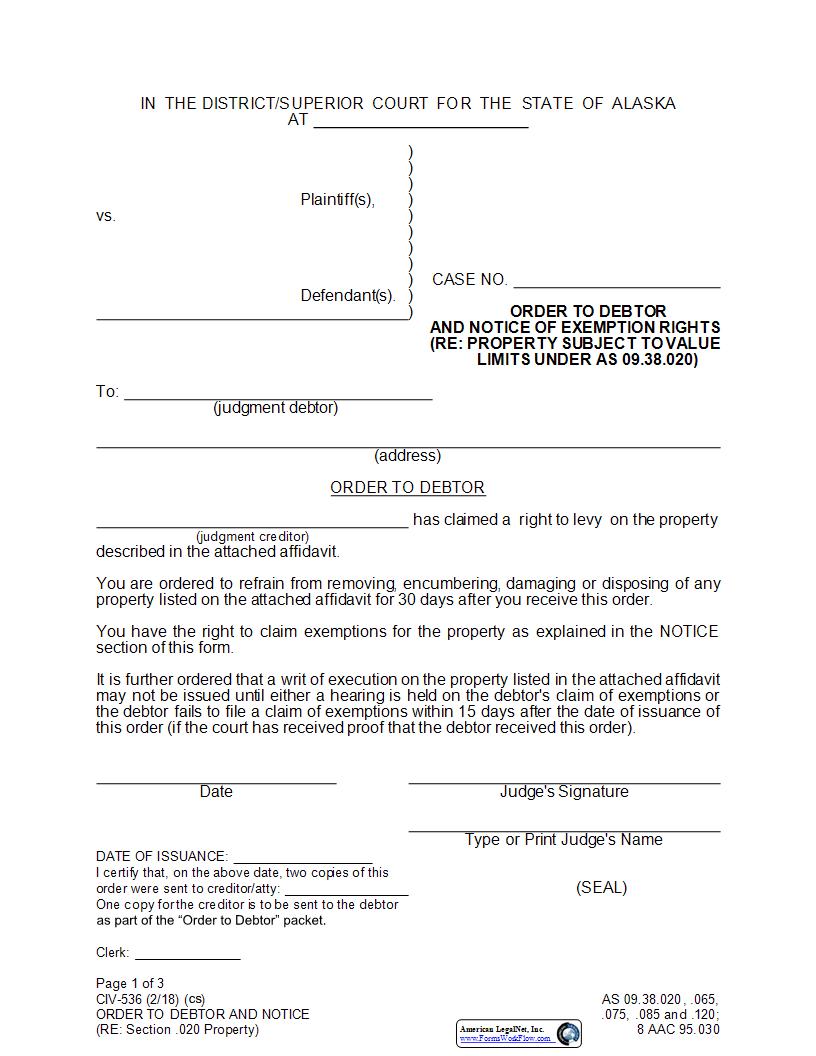 Order To Debtor And Notice Of Exemption Rights {CIV-536} | Pdf Fpdf Docx | Alaska