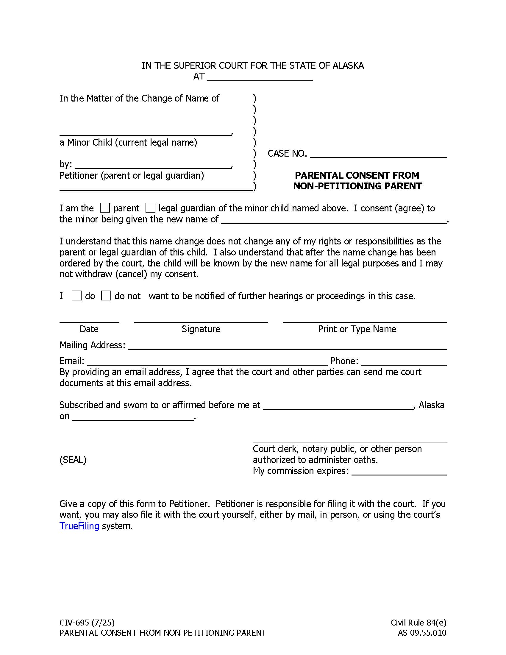 Parental Consent {CIV-695} | Pdf Fpdf Doc Docx | Alaska