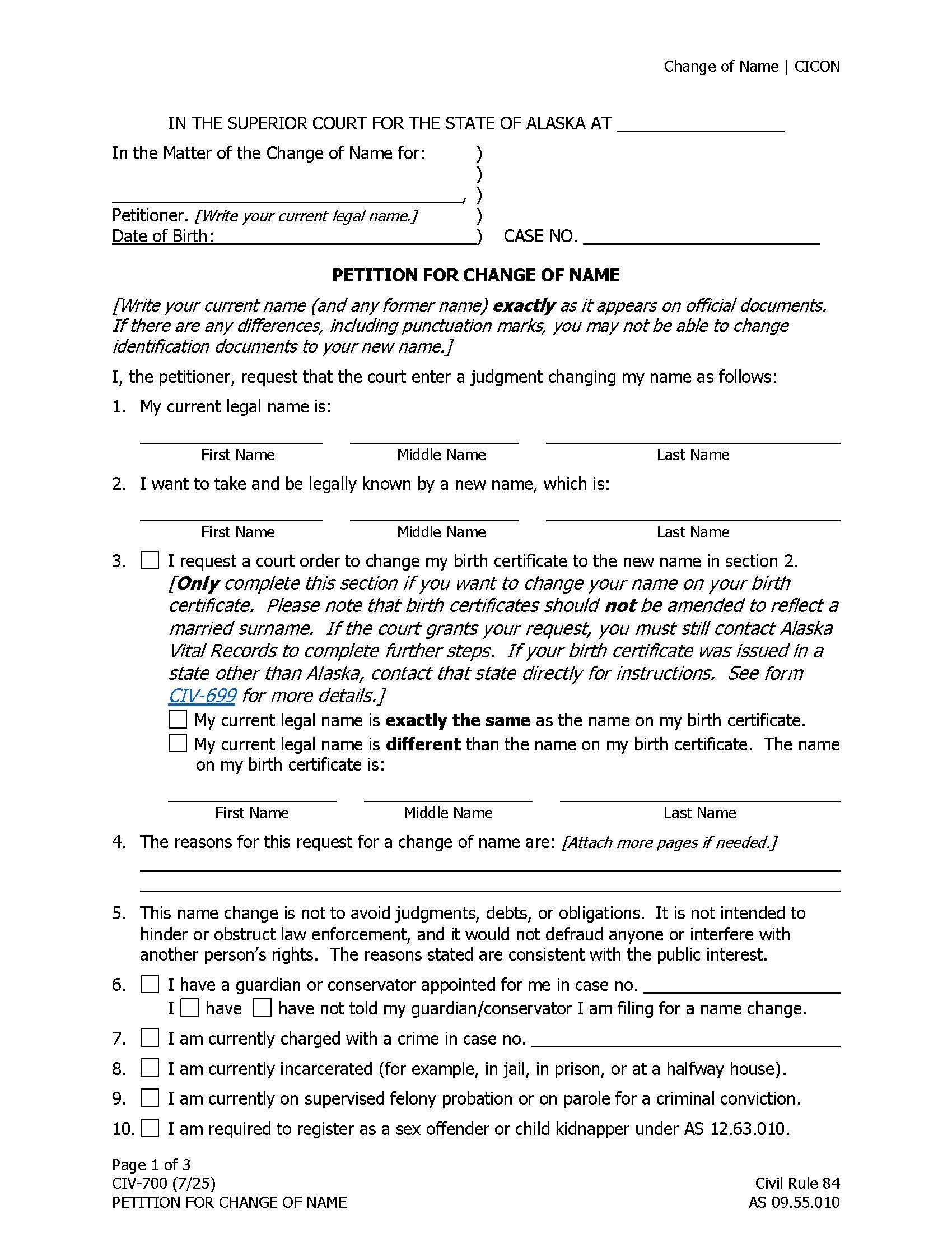 Petition For Change Of Name {CIV-700} | Pdf Fpdf Doc Docx | Alaska