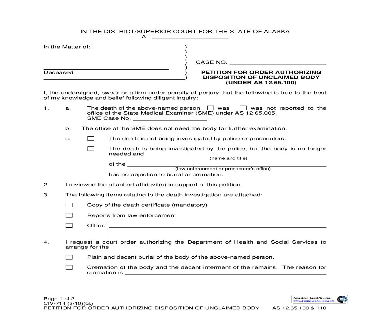 Petition For Order Authorizing Disposition Of Unclaimed Body {CIV-714} | Pdf Fpdf Docx | Alaska